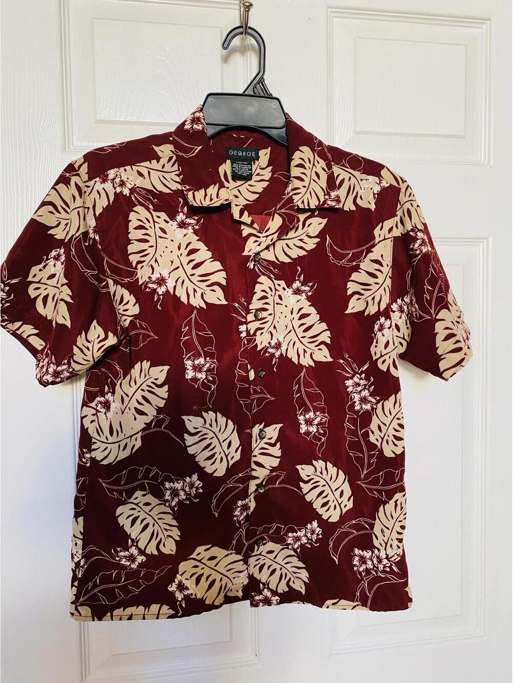 George Men's Large Burgundy Hawaiian Shirt with Beige Leaf Print 12/14